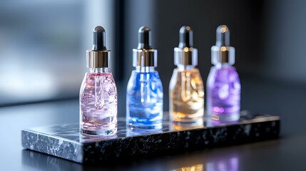 Glass dropper bottles with colorful glowing liquid on marble tray, pink blue gold and purple serum bottles arranged in row for cosmetic skincare display.