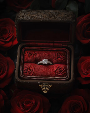 diamond engagement ring in ornate vintage box with red roses