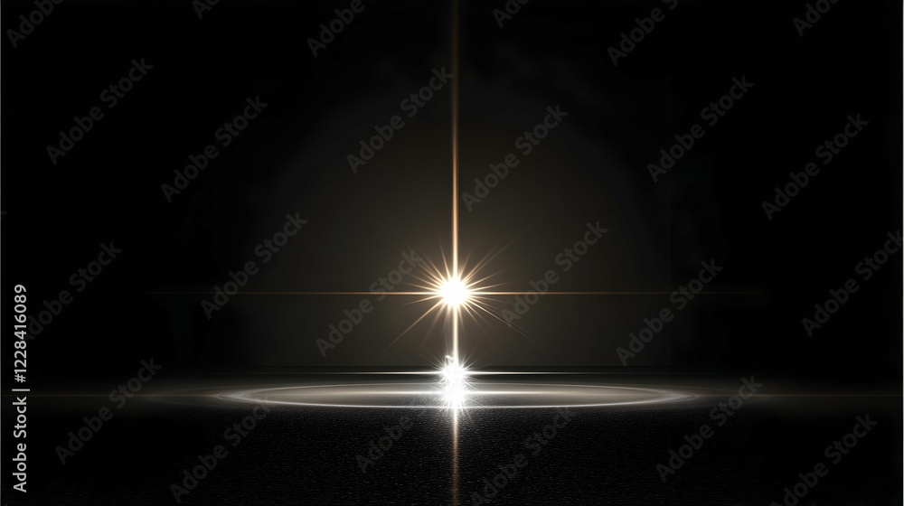 Poster bright light shines down on dark textured surface with circular reflection