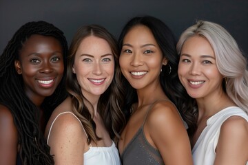 Fototapeta premium A diverse group of joyful women demonstrate bonding, friendship, and multicultural diversity, reflecting positivity and unity. They embrace themes like togetherness and multiracial portraits