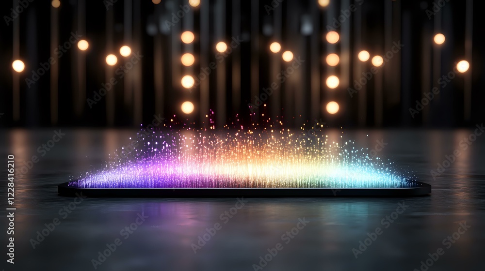 Poster glowing rainbow spectrum of light particles rising from black platform against dark background with 