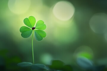 Tiny ladybug resting on a four leaf clover in nature