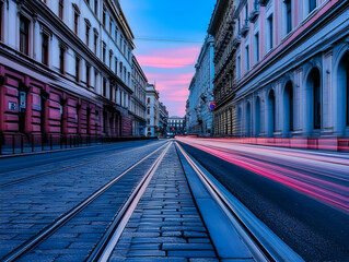 Fototapeta premium City Street at Dusk with Light Trails and Cobblestone Road