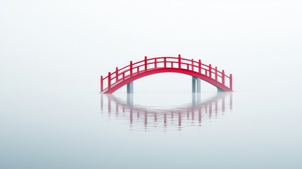 Serene Red Bridge Reflected in Tranquil Misty Water Landscape