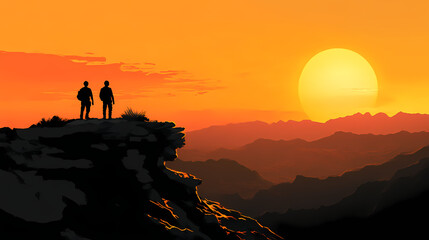 Silhouettes journey across sunset ridge. shadow ridge. illustration. Sunset Ridge. Illustration