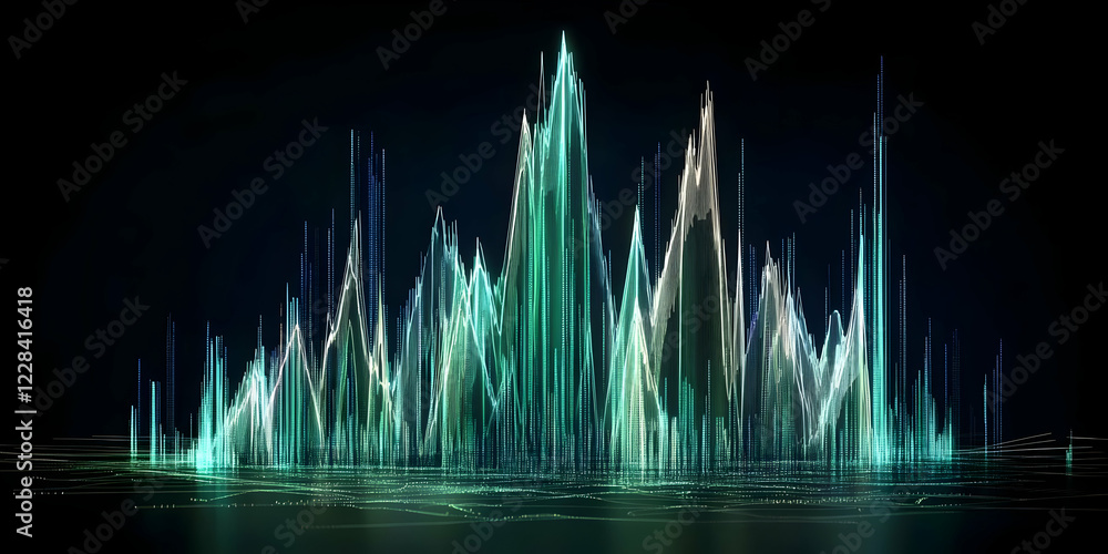 Poster abstract 3d cityscape visualization forms a digital landscape with glowing lines and dots dynamicall