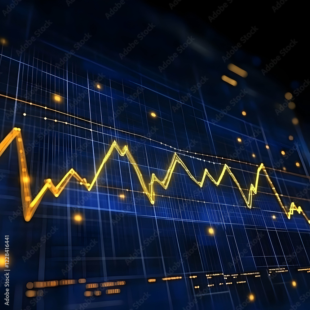 Poster glowing golden line chart shows market volatility on a digital grid background dynamically.