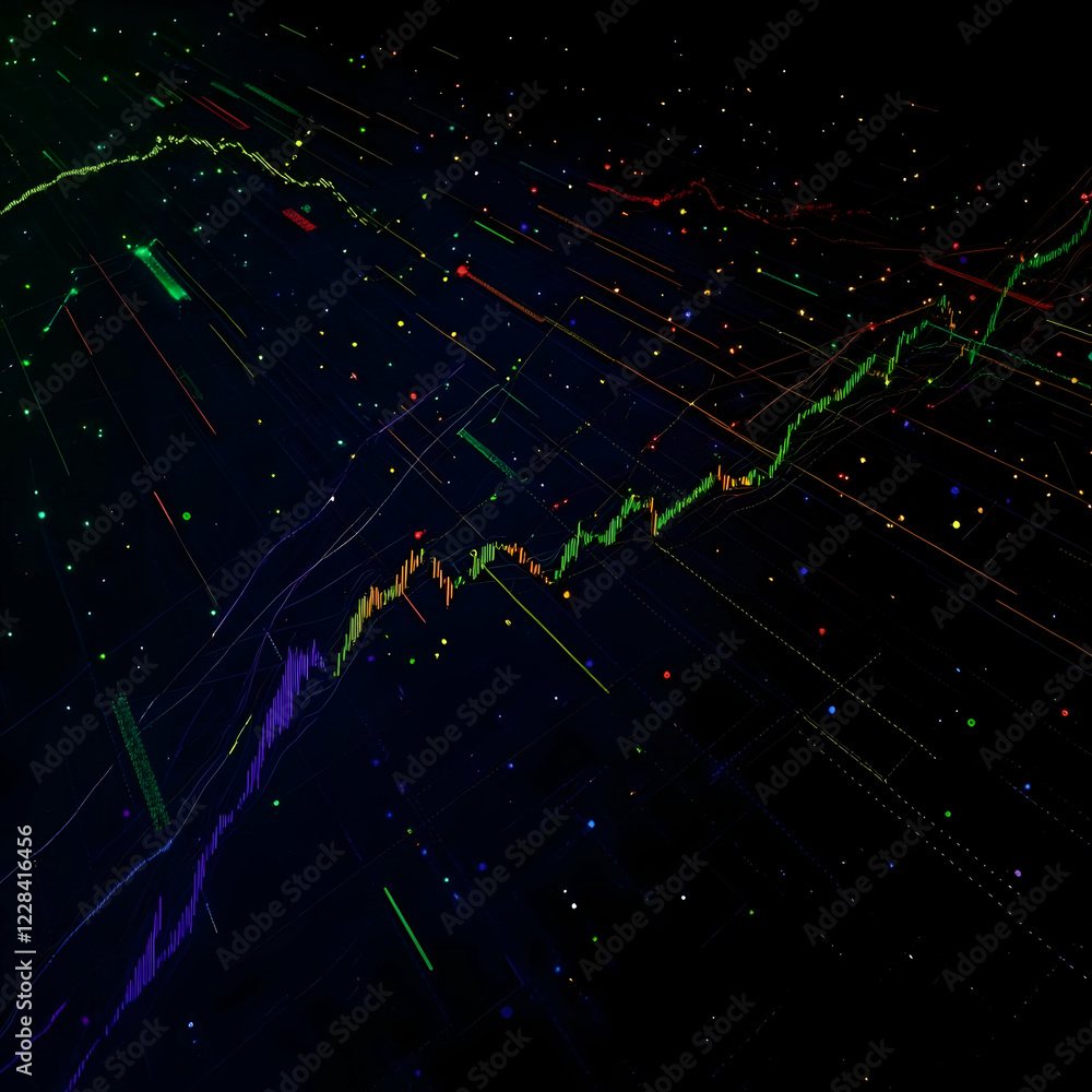 Poster colorful glowing lines and charts form a dynamic abstract background design on a dark canvas.