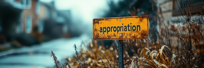 Rustic Appropriation Sign on a Misty Suburban Street with Blurred Background of Houses and Overgrown Vegetation, Signifying Urban Decay and Forgotten Spaces