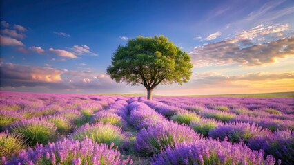 Naklejka premium A majestic lavender tree stands alone in a lush meadow surrounded by soft purple grasses and vibrant wildflowers on a sunny day , flowers, nature