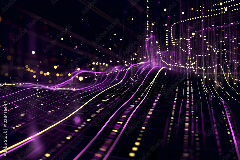 Aufkleber abstract 3d illustration of purple and gold data streams flowing dynamically across a dark backgroun