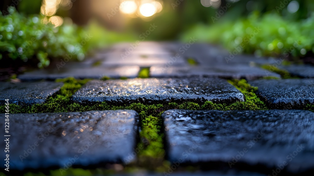 Aufkleber wet cobblestone path with green moss growing between stones, shallow depth of field view. sunlight b
