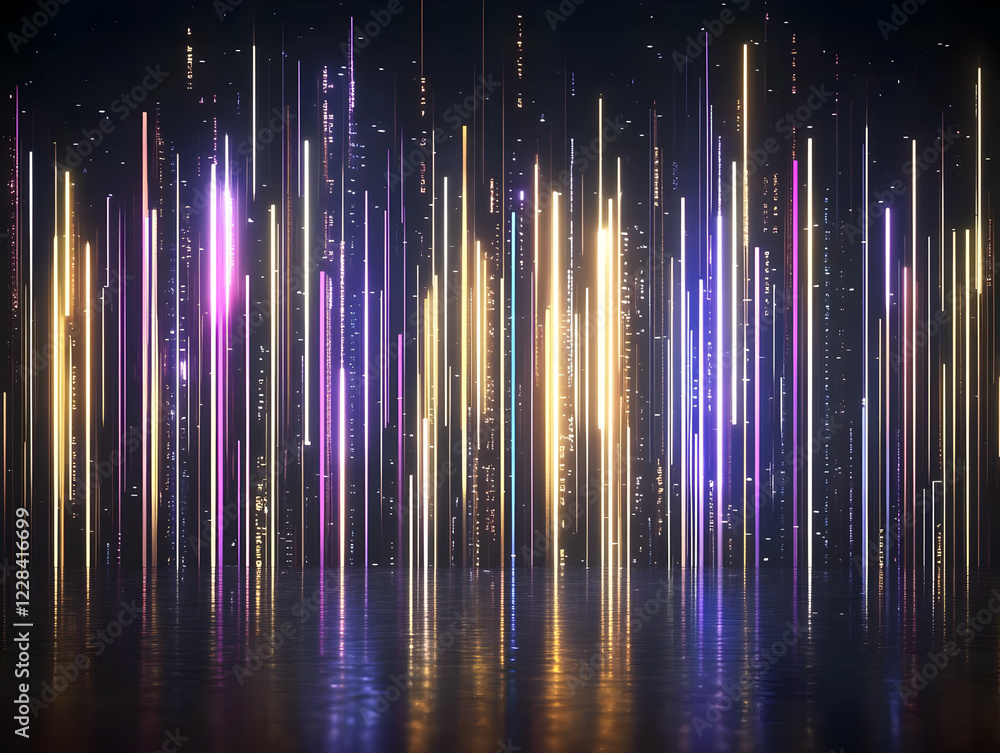 Aufkleber abstract background features colorful vertical lines reflected in a dark surface, creating a futuris