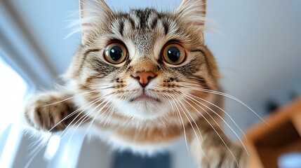 Curious tabby cat with big expressive eyes and long whiskers looking directly at camera in close-up portrait view against blurred background, showing playful expression.