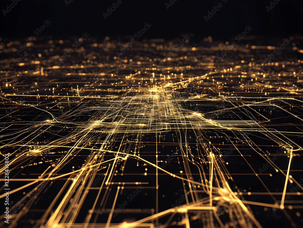 Poster abstract 3d golden network spreads across dark background, illuminating connections and pathways.
