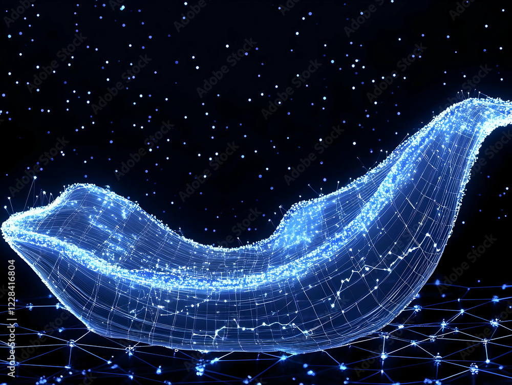 Poster abstract 3d blue wave forms with glowing particles on dark background