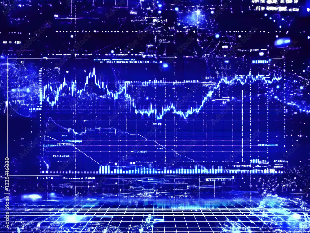 Poster blue financial data visualization shows market trends and analysis with charts and graphs dynamicall