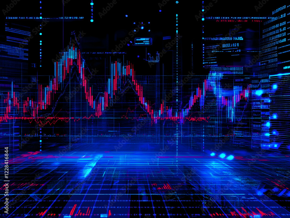 Poster financial market data analysis charts showing volatility with glowing neon lines and numbers on a da