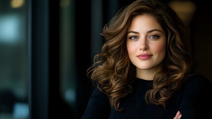 Fototapeta premium Young professional woman with wavy brown hair and natural makeup smiling confidently with arms crossed against dark background, suitable for business and lifestyle content.
