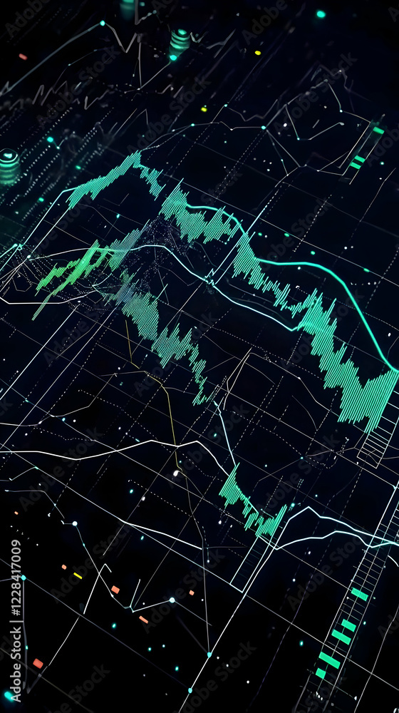 Poster digital financial chart displays market trends and data analysis visually with glowing lines