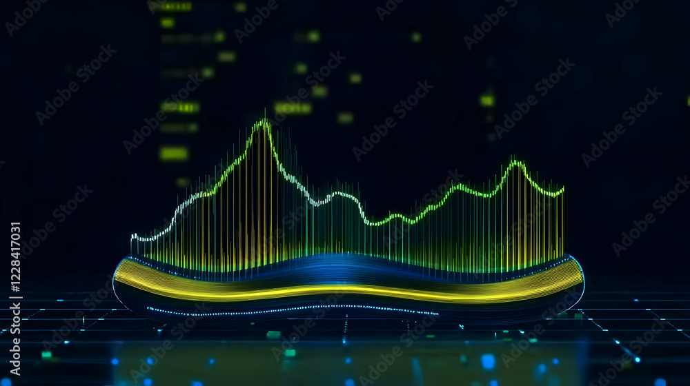 Poster 3d abstract chart shows fluctuating data trends with glowing lines on a dark digital background