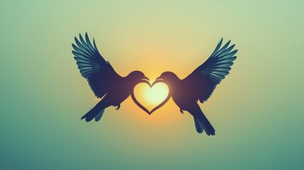Silhouette of Two Birds With Heart Shape Against Sunset Background