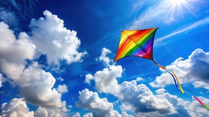 Brightly colored kite soaring high in a clear blue sky with fluffy white clouds on a sunny day against a gentle breeze, kite flying, colorful kite flying high sunny sky kite soaring cloudless sky