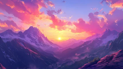 Fototapete Rund Vibrant sunset casting warm hues over layered mountain ridges, highlighting the beauty of nature with a colorful sky and serene landscapes. Sunset Ridge. Illustration © Thiago