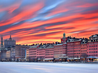 Cityscape Embraces Vibrant Sunset Hues Across a Frozen River During Winter with Colorful Buildings
