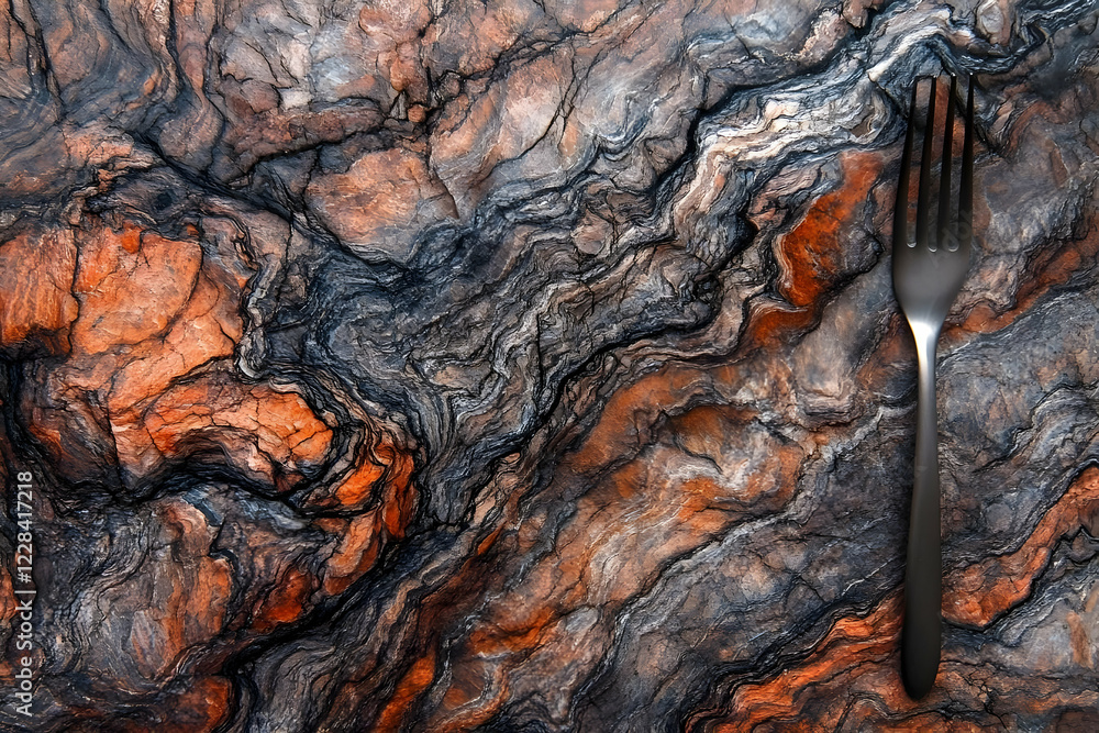 Poster black fork rests on textured rock surface with intricate patterns and earthy tones