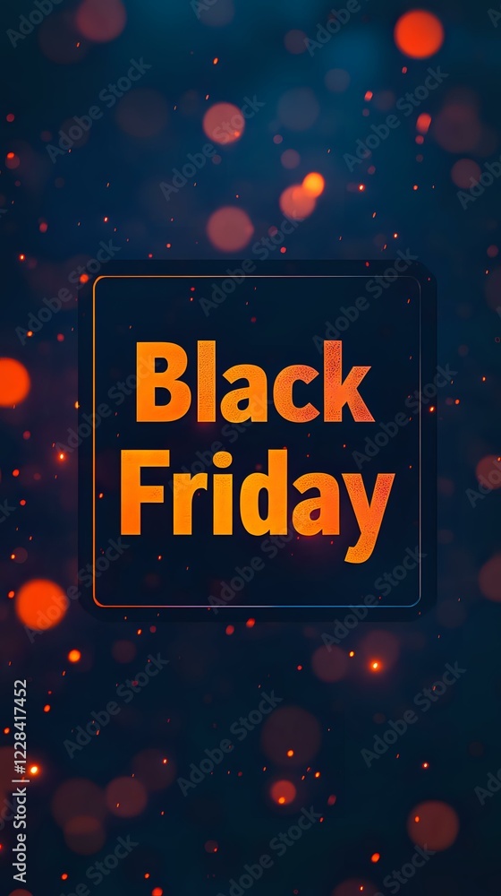 Poster orange glowing black friday text on dark background with bokeh light effects and sparkles, creating 