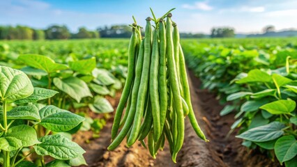 Obraz premium Green cluster beans plant growing in a field of Cyamopsis tetragonoloba surrounded by other crops