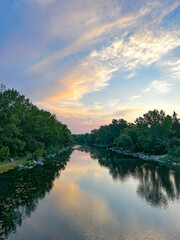 Trees Reflecting off the Bow River at Sunset 