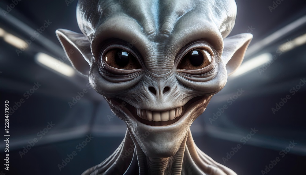 Poster alien character smiling in futuristic space setting