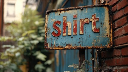 A Rusty Vintage Sign with the Word "Shirt" Mounted on a Weathered Brick Wall Background Flanked by Lush Green Foliage Depicting an Urban Retro Aesthetic