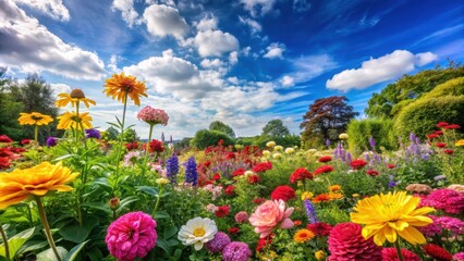 Obraz premium Vibrant flowers blooming in a garden amidst lush greenery and blue sky, green, colorful flowers