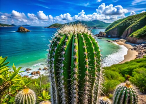 White Head Cactus Pilosocereus ulei on Forno Beach, Arraial do Cabo, Brazil - Coastal Plant Portrait