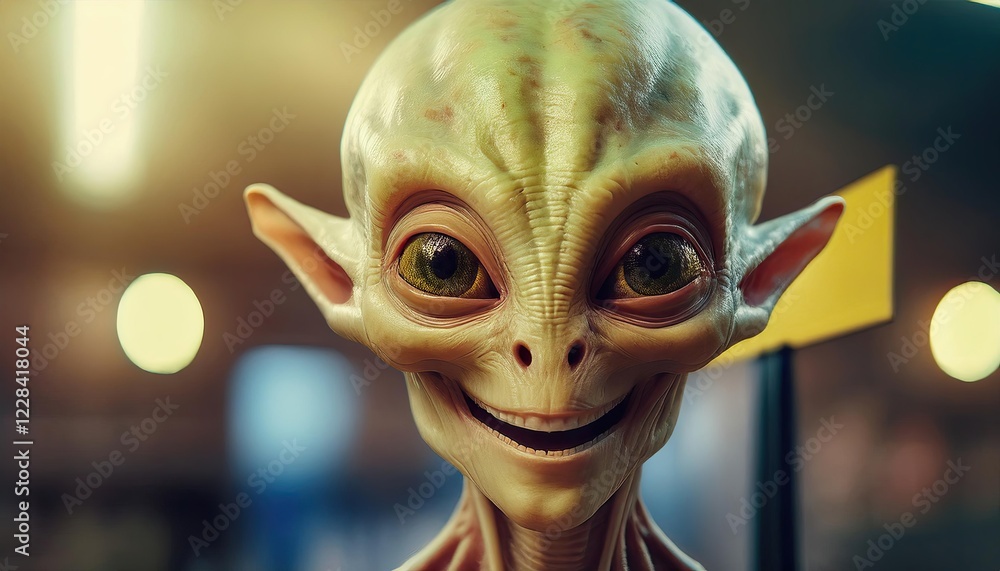 Poster smiling alien character in futuristic environment