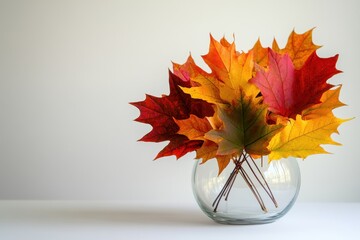 Vibrant autumn maple leaves in a glass vase. Perfect for fall themes, Thanksgiving, or seasonal designs.