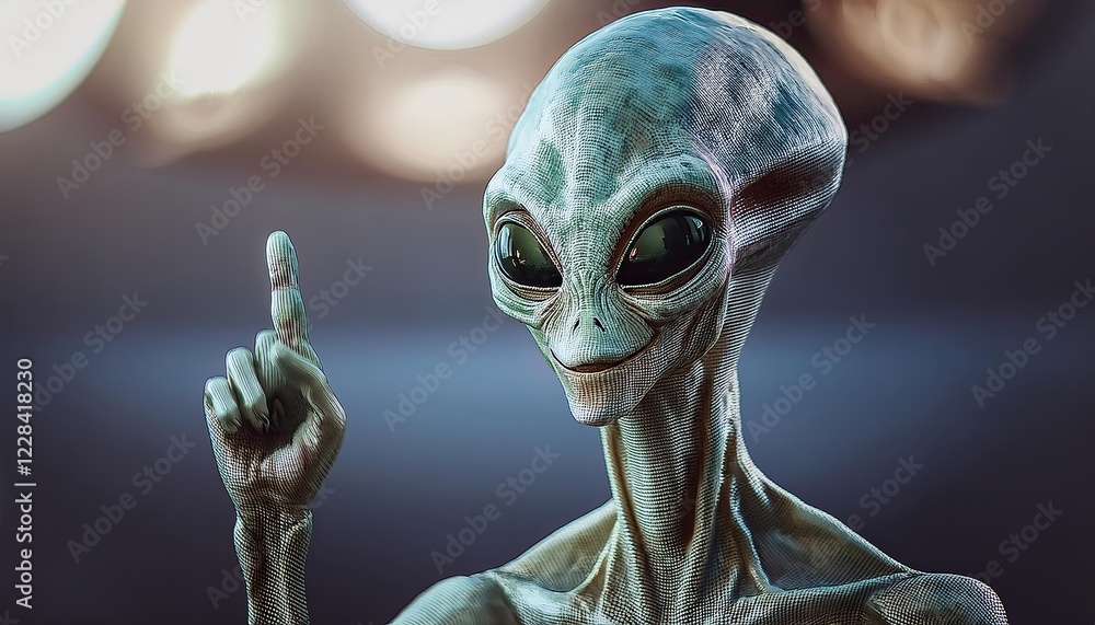 Poster alien character with pointing gesture in sci-fi setting