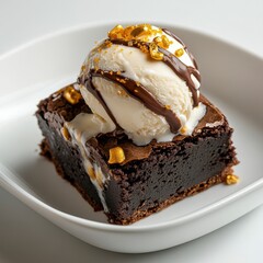 Decadent chocolate brownie topped with creamy ice cream, inviting dessert display, delightful sweet treat, pure indulgence