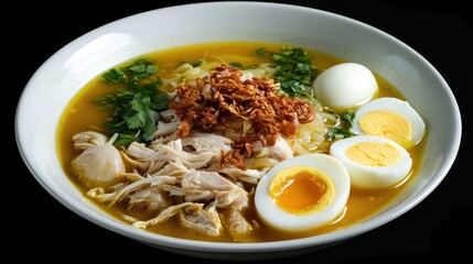 Delicious Chicken Noodle Soup with Hard-Boiled Eggs and Crispy Onions