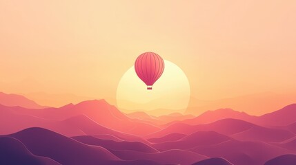 Hot Air Balloon Floating Above Mountains at Sunset in Warm Colors
