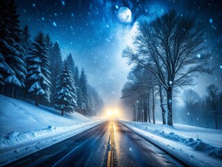 Winter Blizzard Night Road - Snowy Landscape Stock Photo