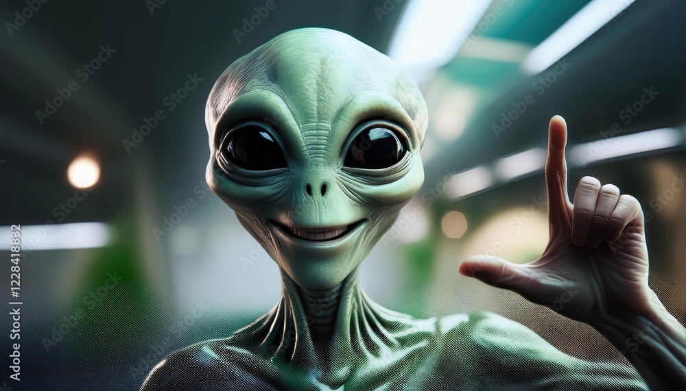 Poster alien character smiling in futuristic environment