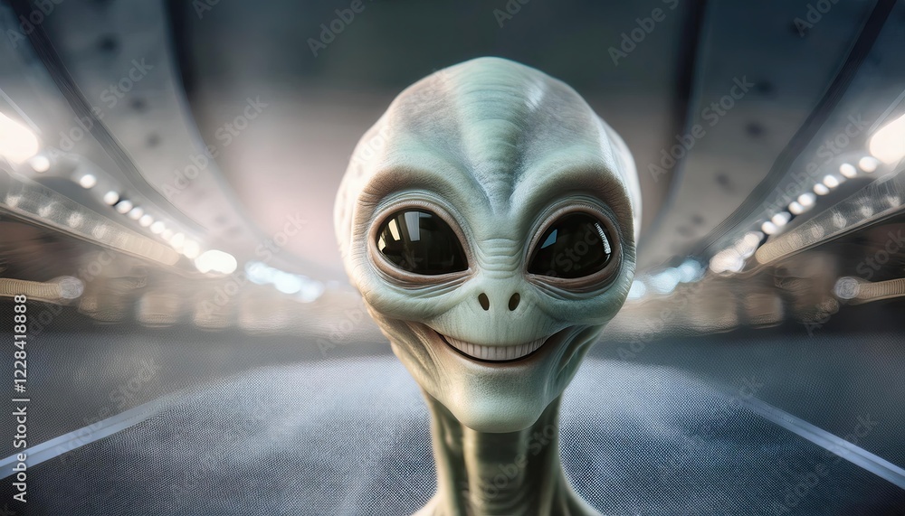 Poster alien with distinct features smiling in futuristic setting
