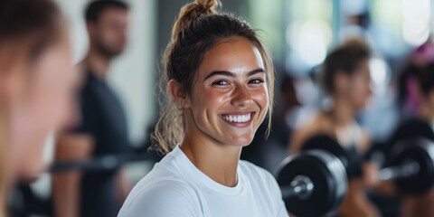 Fototapeta premium Empowering Your Fitness Journey Embracing Smiles and Building Strength Together in the Gym Environment with Friends and Community, Fostering Health, Happiness, and Vitality Every Step of the Way