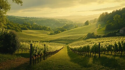 Sunlit vineyard rows stretch across rolling hills. Ideal for wine, travel, and agriculture themes.