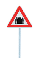 Fototapeta premium Tunnel ahead warning road sign, large detailed isolated vertical white triangular dangerous route section traffic signage closeup, red frame, grey metallic pole post