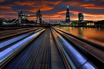 Obraz premium Illuminated Walkway Leading to a Tower Bridge and a Modern Skyscraper under a Dramatic Sunset Sky